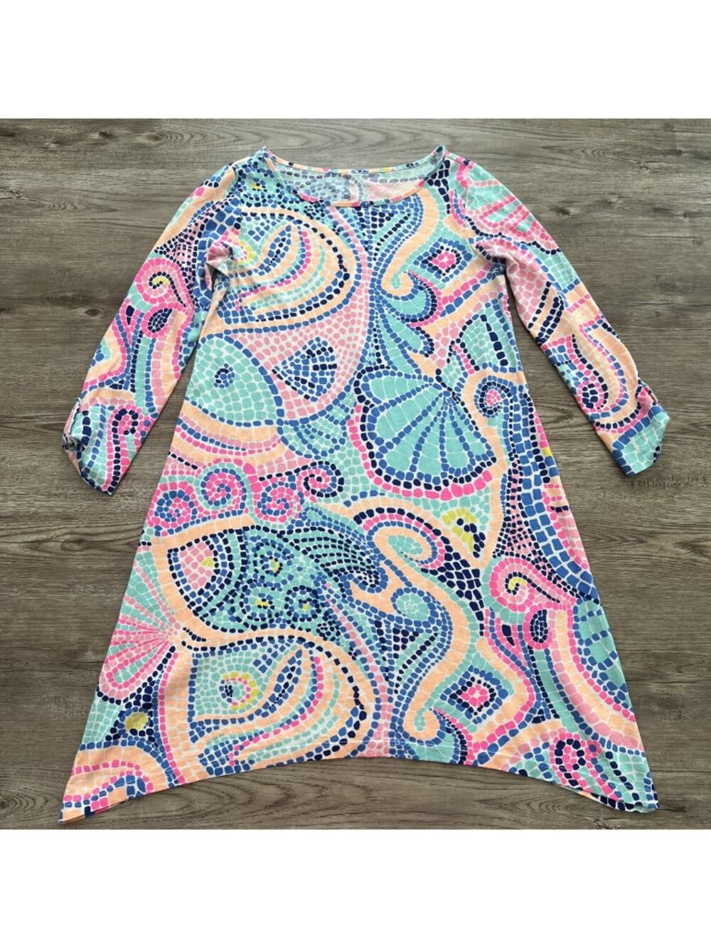Lilly Pulitzer Edna Dress Womens XS Tile Wave 3/4 Sleeve Lightweight Pima Cotton